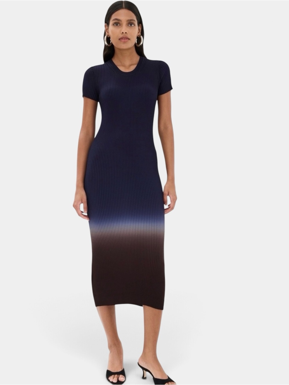 STAUD Colleen Navy Brown Ombré Ribbed Knit Stretch Dress Minimalist Chic Size M